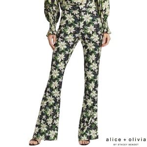 ALICE + OLIVIA **NWT** leaf green / white / black floral kick flare crepe pants